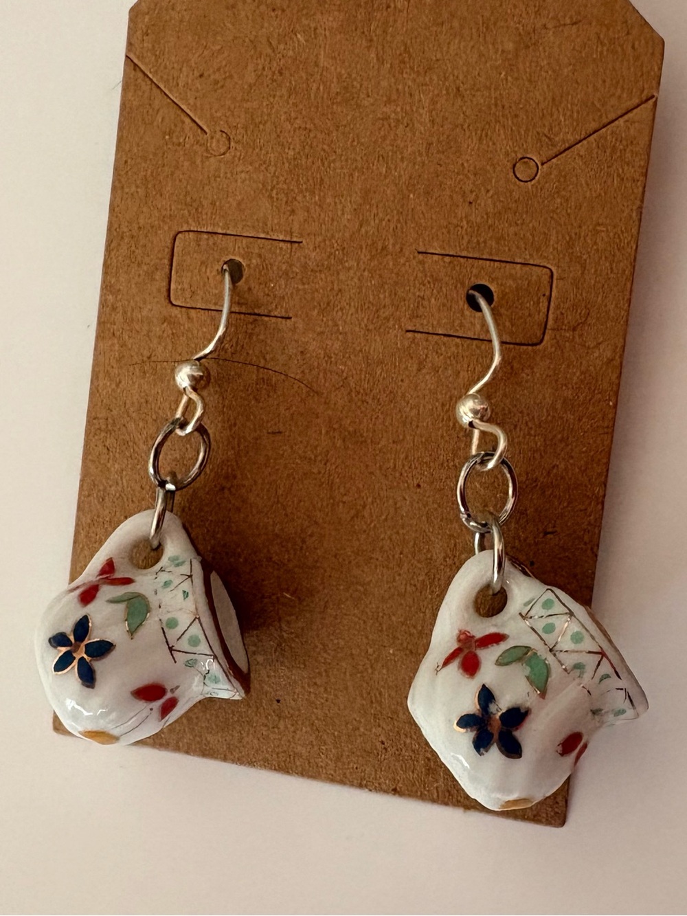 Hand-Painted Floral Ceramic Dangle Earrings in White